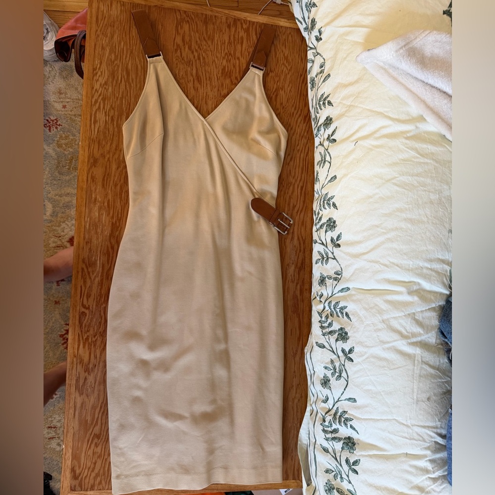 Ralph Lauren Cream V-Neck Midi Slip Dress with Buckle Strap